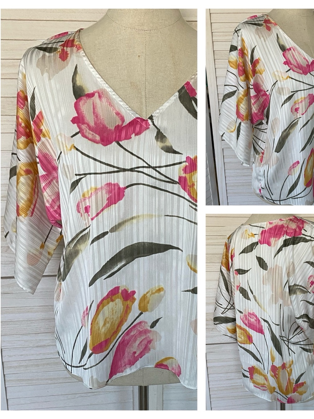 White House Black Market Floral V-Neck Blouse SZ S Casual Beach CottageCore